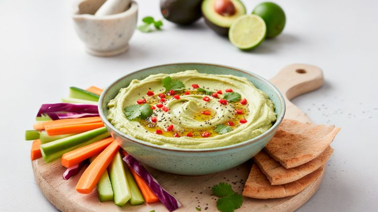 Hummus de aguacate con crudites de verduras y tortillas de maíz