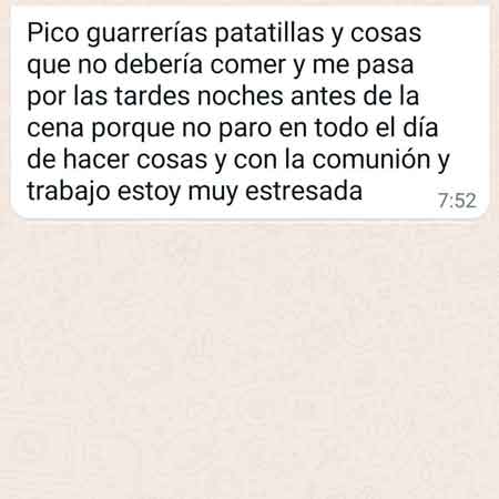 Mensaje de una clienta con una excusa: el picoteo del fin de semana