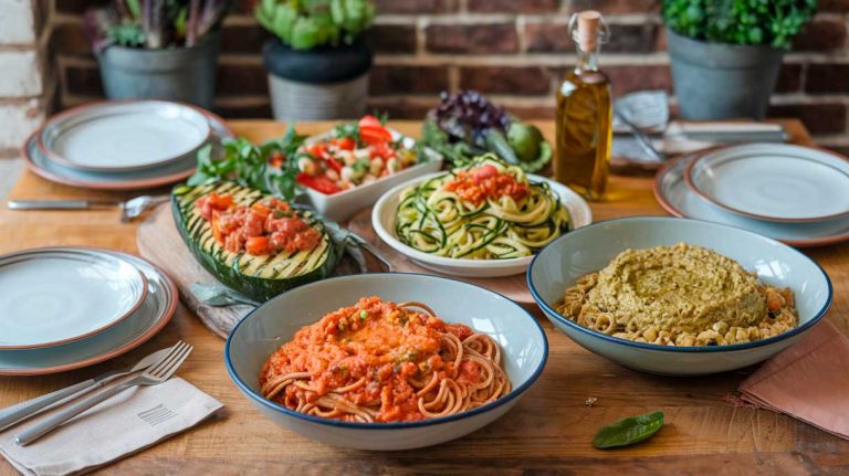 Una mesa de madera con varios platos de pasta en versiones más saludables