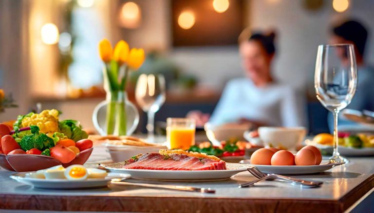 Una pareja con recetas saludables para cenar en su salón
